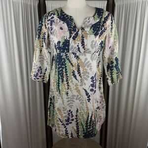 Boden 100% Linen Floral Blue/Tan/White 3/4‎ Sleeve V-Neck Dress, Size 4P